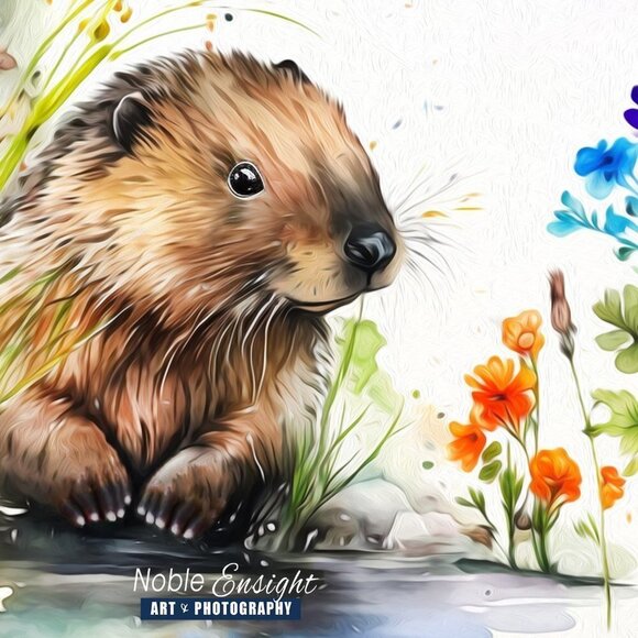 16x20 Beaver in Pond with Flowers Watercolor Oil‎ Painting Wall Art Print - Picture 4 of 5